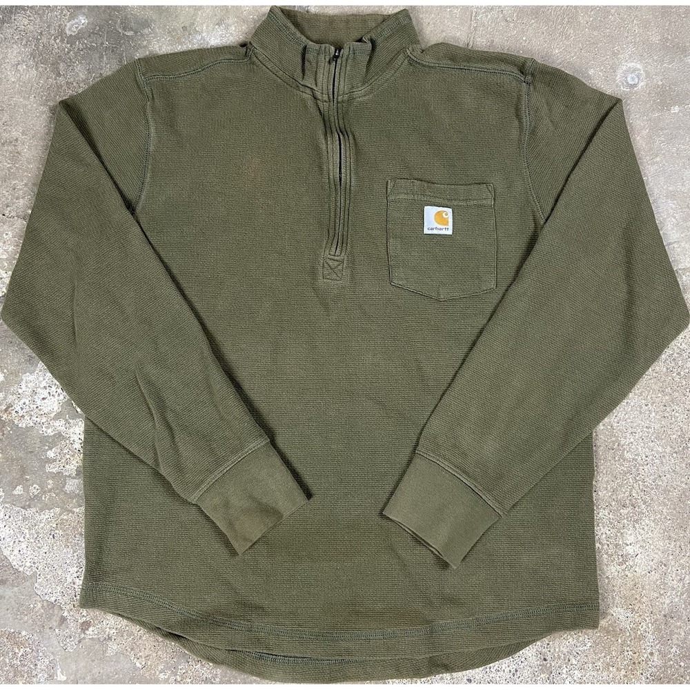 Carhartt 1/4 Zip Pullover Size Large Green Waffle Knit Long Sleeve Work Wear